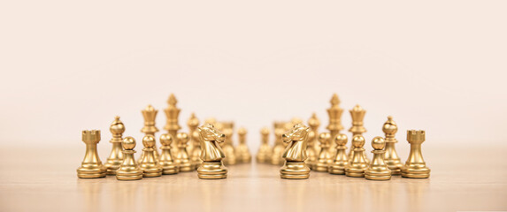 Horse chess face each with king in back concepts of competition challenge of leader business team or teamwork volunteer or wining and leadership strategic plan and risk management or team player.