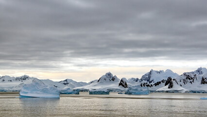 Icebergs floating in the bay in front of snow covered mountains at Portal Point in Antarctica