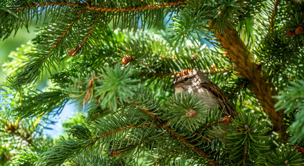 Close-up of a chipping sparrow perched in a pine tree that is growing in a forest on a warm sunny day in June.