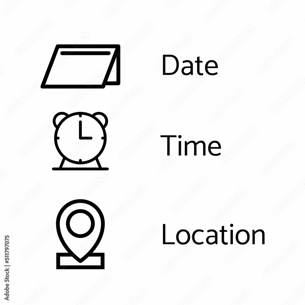 Poster set date, time and location icons for graphic design.isolated on a white background