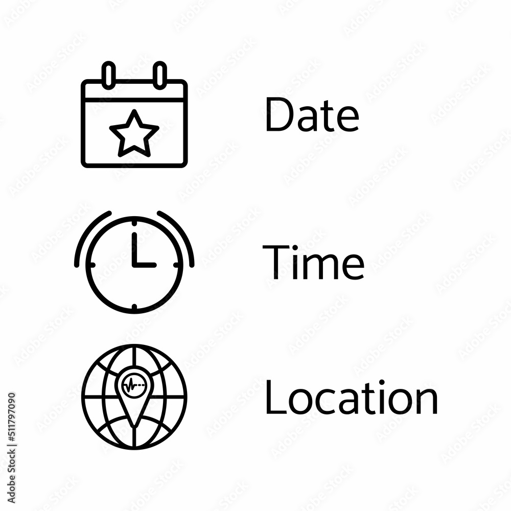 Poster set date, time and location icons for graphic design.isolated on a white background