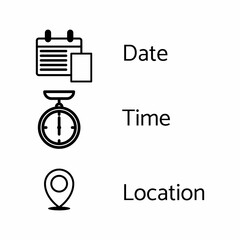 set date, time and location Icons for graphic design.Isolated on a White Background