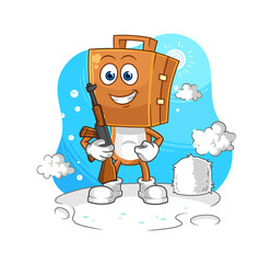 suitcase head soldier in winter. character mascot vector