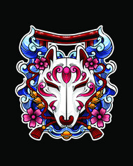 Kitsune Mask with Sakura Flower and Tori Gate T-Shirt Illustration Design Japanese Style. Kitsune Mask Japanese Illustration Vector Isolated. Suitable for T-Shirt Design, Poster, Logo, and Wallpaper.