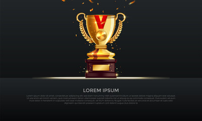 Realistic golden trophy cup on black - obrazy, fototapety, plakaty
