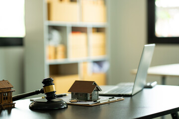 real estate business ideas desk with wooden house and laptop copy space wood cost Support for loan...