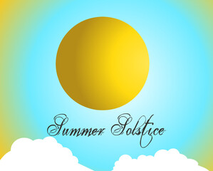 Summer solstice concept card. June, 21. Bright shiny sun isolated on modern sky gradient background. Made with clipping mask. High quality vector illustration for your design