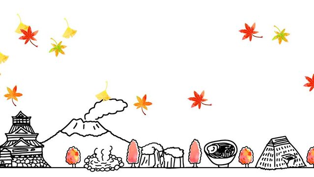 秋の九州観光地の街並みシンプル線画ループアニメーション