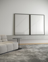 3d illustration of blank two black frame in minimalist interior, mockup living room