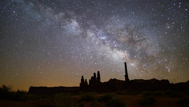 Time lapse of Milky Way galaxy over Totem Pole, towering sandstone formations sacred to Navajo tribe in Monument Valley, Arizona, USA