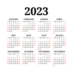 Calendar basis 2023. Week starts on Sunday. English template