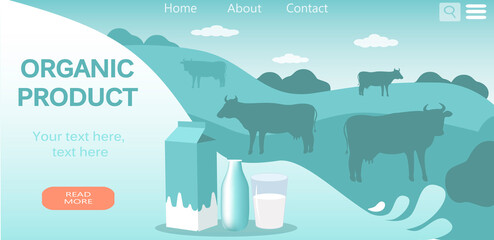 vector illustration in a flat style, a banner for a website on the theme of organic, farm dairy products. cows graze in the meadow.