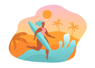 vector illustration in a flat style on the theme of surfing. girl running along the beach with a surfboard