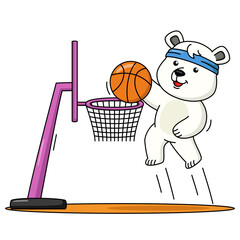 Cartoon illustration of cute polar bear playing basketball