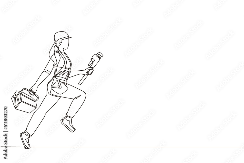 Poster single continuous line drawing mechanic repairwoman worker with tools is running. technical service.