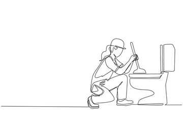 Single continuous line drawing toilet cleaning, plumbing service. Plumbing toilet leakage or clogging. Plumber repairwoman. Sewage system. Toilet bowl and sewer. One line draw graphic design vector