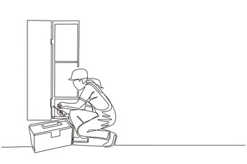 Single one line drawing repair, maker or constructions of wood home furniture. Woman carpenter is assembling of wardrobe or cabinet with shelves. Modern continuous line draw design graphic vector