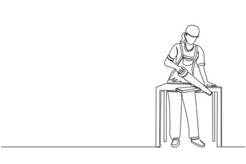 Continuous one line drawing female builder or carpenter repairwoman sawing boards. Building, construction, repair work services. Business concept. Single line draw design vector graphic illustration