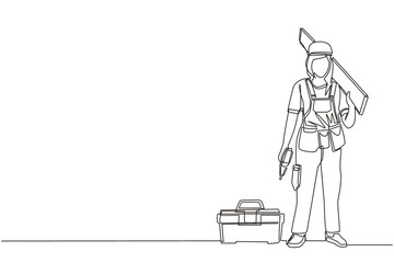 Single continuous line drawing timber frame house construction worker. Repairwoman standing with board, tool box, and drill. Building, construction, repair work services. One line draw design vector - obrazy, fototapety, plakaty