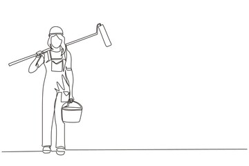 Single continuous line drawing female painter with bucket of paint and paint roller. Professional repairwoman in overalls on the background of apartment renovation. One line draw graphic design vector