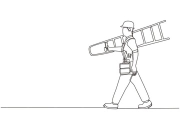 Single one line drawing repairman with ladder. Handyman working on call. Carpenter handle activity on renovation home. Hard laborer job. Painter worker handy man. Continuous line draw design vector