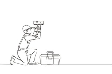 Single one line drawing male plumber in overall is installing water heater or boiler. Home repair, maintenance and plumbing services. Handyman concept. Continuous line draw design vector illustration