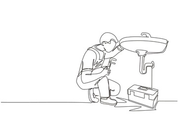 Continuous one line drawing plumber worker repairs sink in bathroom and plumbing pipes. Handyman makes house repair works. Home repair and maintenance services concept. Single line draw design vector