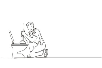 Single one line drawing toilet cleaning, plumbing service. Plumbing toilet leakage or clogging, plumber repair tools. Sewage system. Toilet bowl and sewer. Continuous line draw design graphic vector