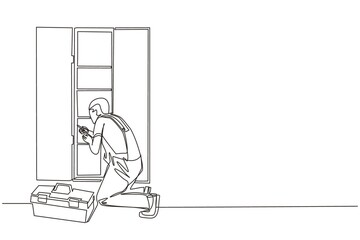 Continuous one line drawing repair, maker or constructions of wood home furniture. Man carpenter is assembling of wardrobe or cabinet with shelves. Single line draw design vector graphic illustration