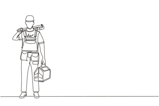 plumber holding wrench and toolbox, line art clip art preview