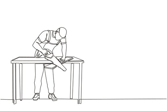 Single continuous line drawing builder or carpenter repairman sawing boards. Building, construction and repair work services. Business concept. Dynamic one line draw graphic design vector illustration