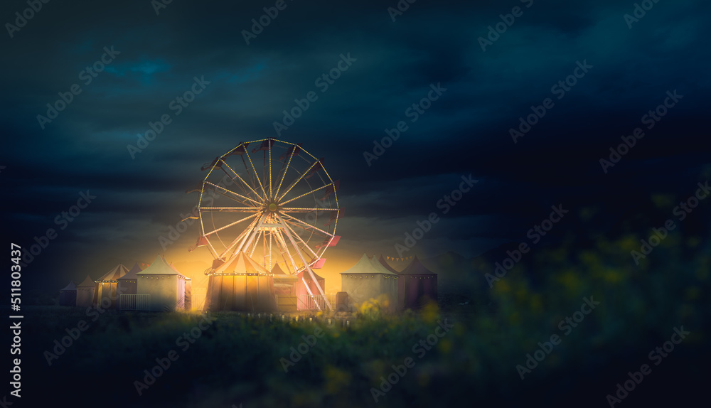 Wall mural Old carnival with a ferris wheel on a cloudy night. 3D rendering, illustration