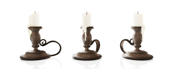 Antique brass candle holder in different angles isolated on white. 3D rendering, illustration - 511803405