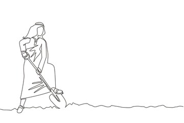 Single one line drawing Arabian businessman digging in dirt using shovel. Man dig ground with spade. Business metaphor. Hard working process. Continuous line draw design graphic vector illustration