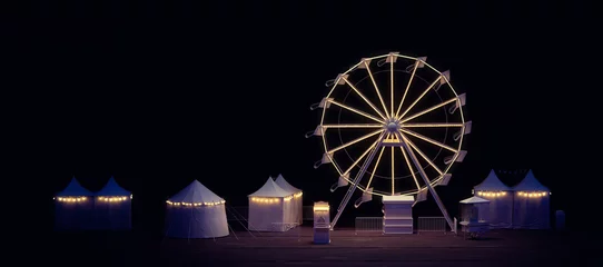 Fotobehang Carnival with a ferris wheel in a dark background. 3D rendering, illustration © fergregory