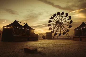 Fotobehang Oud carnaval met een reuzenrad op een bewolkte dag. 3D-rendering, illustratie © fergregory