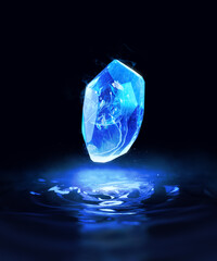 Magical blue gem stone floating over water. 3D Rendering, illustration - obrazy, fototapety, plakaty