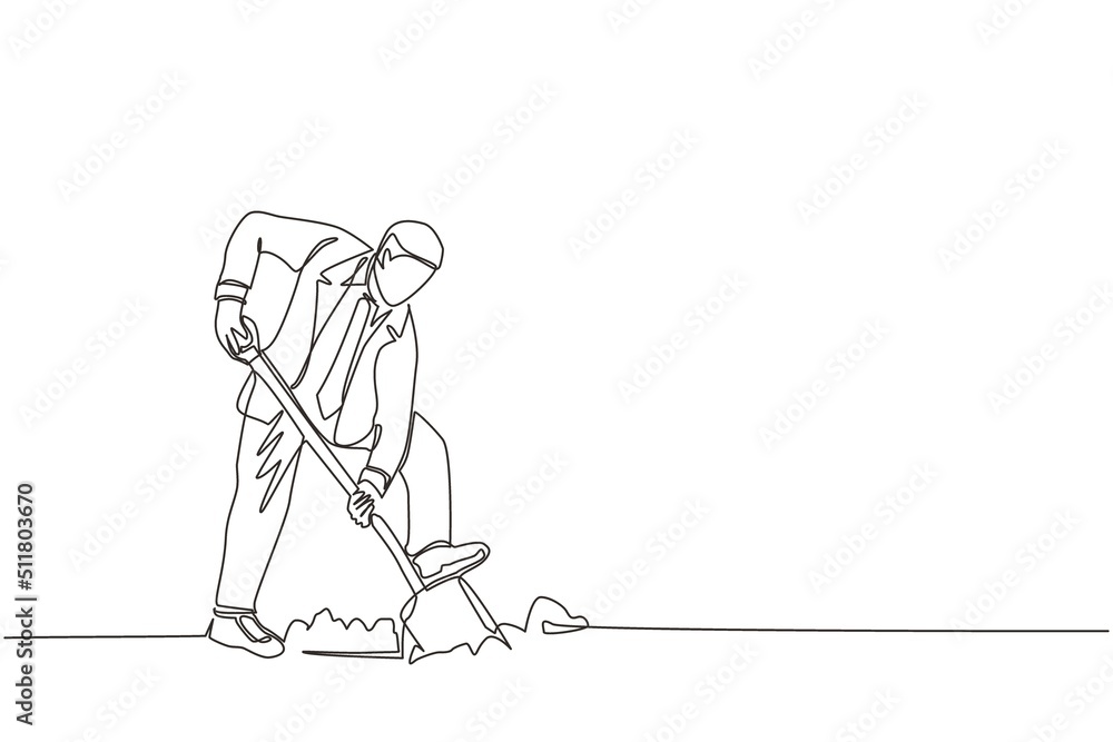 Aufkleber single one line drawing businessman digging in dirt using shovel. man in suit dig ground with spade.