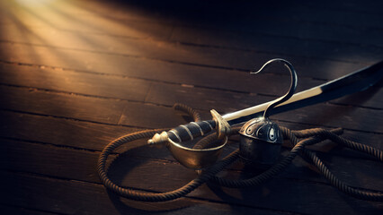 high contrast image of a pirate's cutlass sword and hook on a wood floor. 3D Rendering, illustration