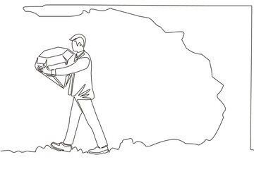 Continuous one line drawing businessman bearing big diamond from underground. Treasure digging with someone carry diamond. Success, achievement concept. Single line design vector graphic illustration