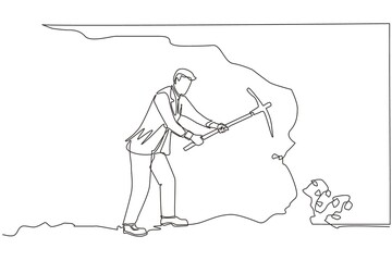 Single continuous line drawing businessman digging with pickaxe to get diamond. Worker digging and mining for diamond in an underground tunnel. Dynamic one line draw graphic design vector illustration