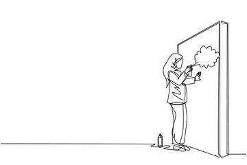 Continuous one line drawing Arabic businesswoman is painting profit graph on wall. Business and success metaphor concept. Allegory of career growth. Single line draw design vector graphic illustration