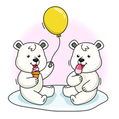 Cartoon illustration of cute polar bear eating ice cream