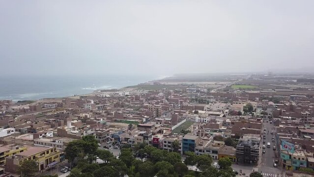 aerial drone view of Chancay, lima, peru and the sea in 4k