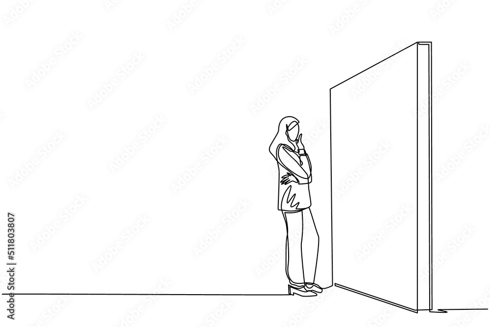 Poster single one line drawing arabian businesswoman thinking in front of big obstacle or wall. representin