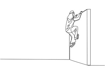 Single one line drawing Arab businessman climb the obstacle wall, solve the problem. Business concept, team metaphor. Successful leader businessman. Continuous line design graphic vector illustration