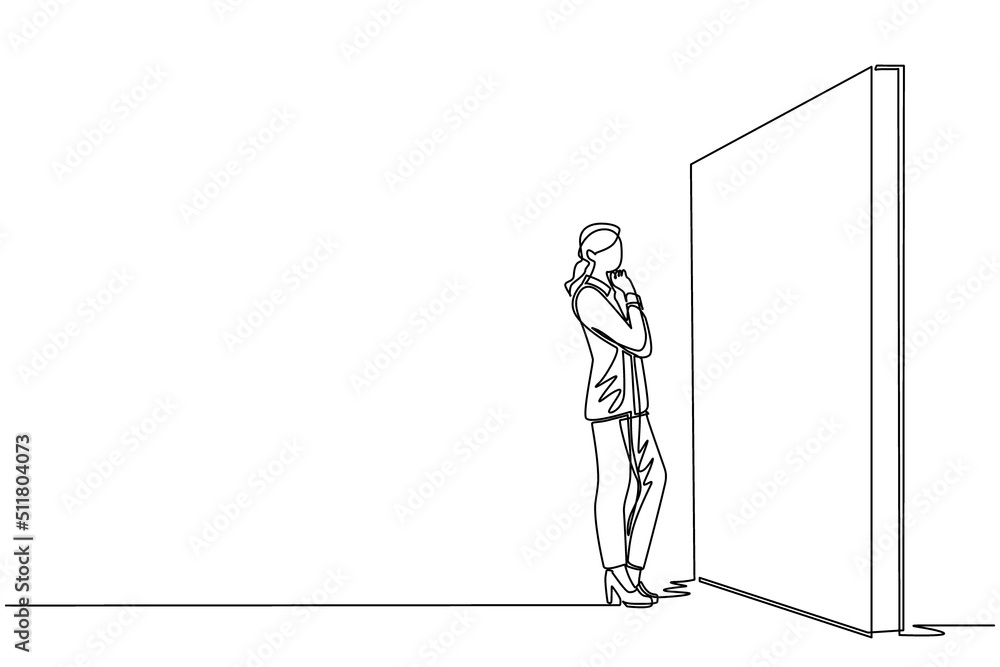 Poster single continuous line drawing businesswoman thinking in front of big obstacle or wall. abstract rep