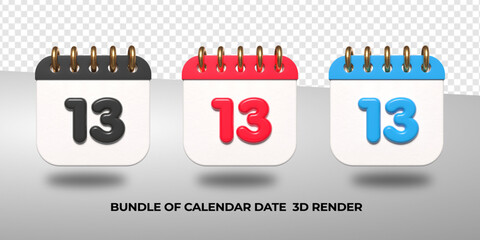 3d transparent calendar date 13 for meeting schedule, event schedule, vacation, work, school color black, red, blue