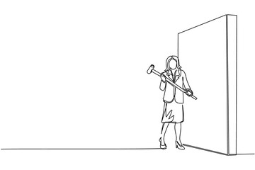 Single continuous line drawing businesswoman standing and holding big hammer while facing the wall. Goal achievement, business strategy. Successful overcoming of problems. One line draw design vector