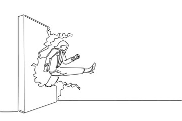 Fototapeta premium Single one line drawing businesswoman run and breaking through brick wall. Leadership concept. Business concept of obstacle and solution. Modern continuous line draw design graphic vector illustration